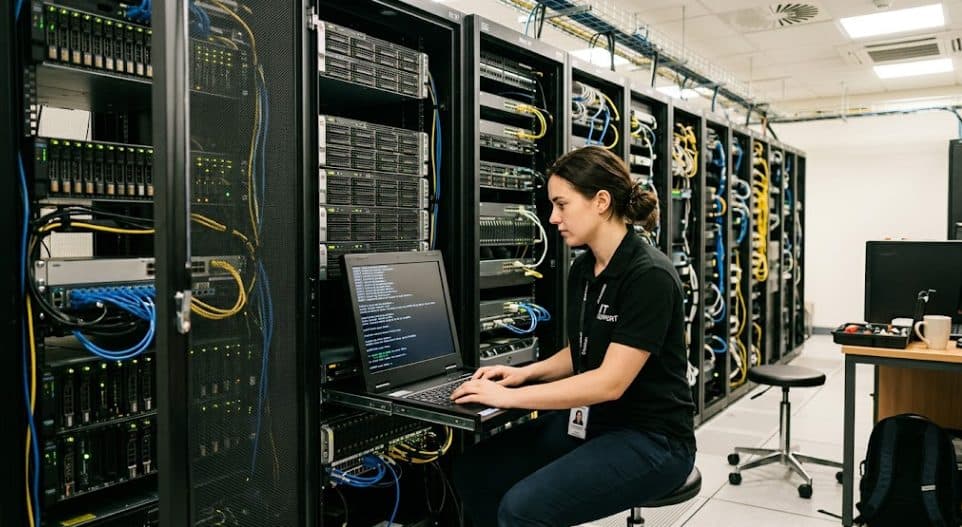 Engineer installing server hardware